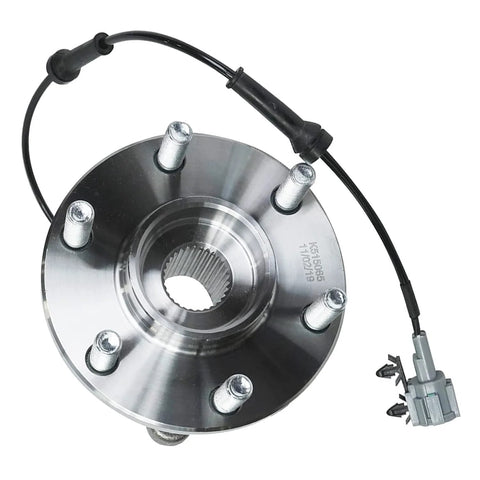 Front And Rear Wheel Bearing And Hub Assembly Kit For 4X4 Nissan Frontier 2005 2019 Xterra 2005 2015 And Suzuki Equator 2009 2012 With Automatic Transmission Plug N Play Drop In Replacement 4WD AWD, front hub view with ABS sensor