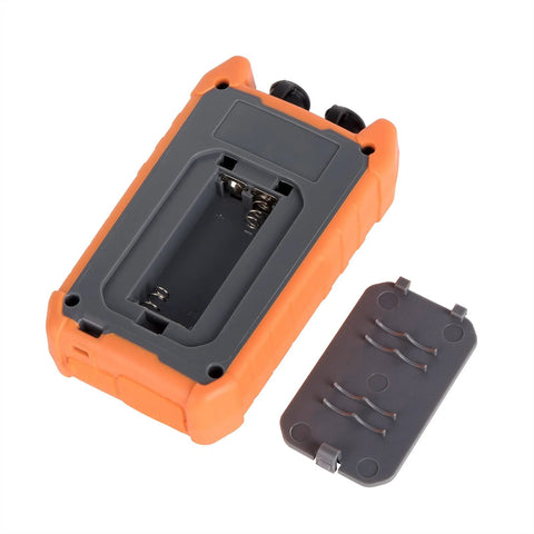 OFCN mini 4-in-1 portable optical power meter with orange/gray housing; battery compartment open with detached cover.