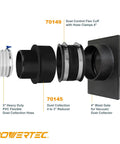Hella Tough 4 To 3 Inch Dust Collection Reducer Flex Coupler With Steel Hose Clamps assembly showing 3" PVC hose and 4" adapter.