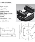 Heavy Duty Self Centering Bench Vise With Five Axis Rotation Dual Purpose High Jaws, D210 dual-purpose jaws with dimensions.