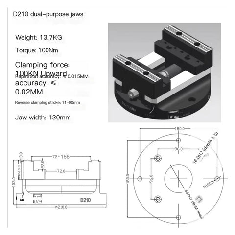 Heavy Duty Self Centering Bench Vise With Five Axis Rotation Dual Purpose High Jaws, D210 dual-purpose jaws with dimensions.