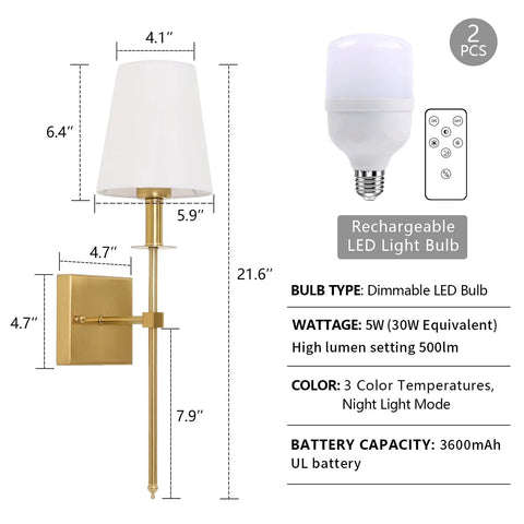 Battery Operated Wall Sconce Set Of Two With Remote Control, gold finish, dimmable LED bulb, remote and dimensions shown