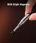 Rock Solid Premium Titanium Mini Screwdriver featuring super magnetic replaceable bits, held with a slight magnetic grip.