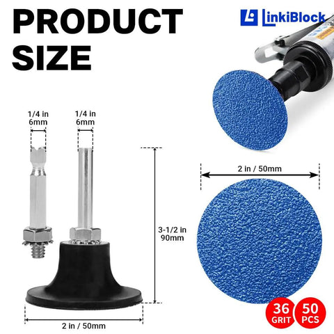 50 Pcs 2 Inch R-Type Quick Change Zirconia Surface Conditioning Sanding Discs Set 36 Grit with adapter and backing pad dimensions
