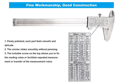 Built Tough Vernier Caliper 0-6 Inch Stainless Steel Precision Measuring Tool with Inch and Metric Readouts and scale details.