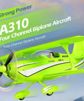 Bright green A310 four channel biplane aircraft with a propeller, highlighting strong power feature, in flight setting.