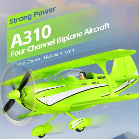 Bright green A310 four channel biplane aircraft with a propeller, highlighting strong power feature, in flight setting.