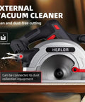 Pro Move Cordless Circular Saw Featuring Brushless Motor And 7 Inch Blade Chugging At 5600 Rpm, showing dust collection feature.