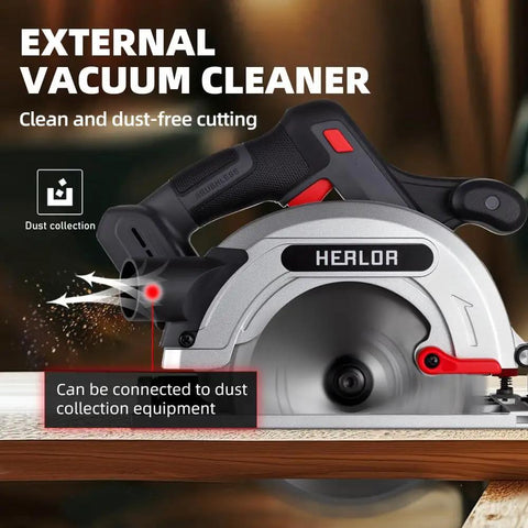 Pro Move Cordless Circular Saw Featuring Brushless Motor And 7 Inch Blade Chugging At 5600 Rpm, showing dust collection feature.