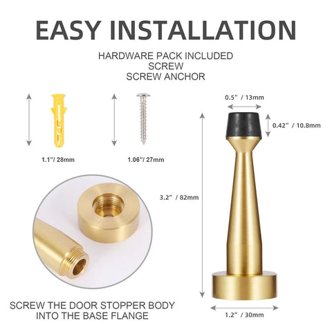 Solid Brass Door Stop With Rubber Bumper Tip, Heavy Duty Door Protector And Wall Guard In Brushed Gold Finish, installation parts shown
