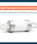 Inline high voltage automotive fuse for electric vehicles, 500V 2000A, with metal and ceramic components, protective design.