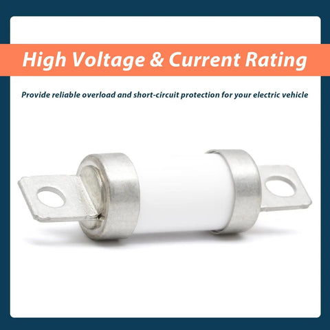 Inline high voltage automotive fuse for electric vehicles, 500V 2000A, with metal and ceramic components, protective design.