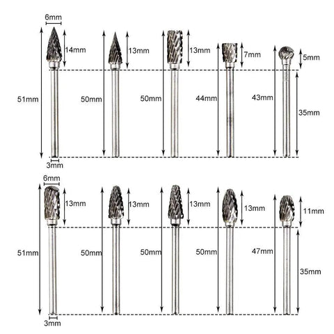 Top Shelf Tungsten Carbide Rotary Burrs Kit With A Rock Solid 1/8 Inch Shank, various shapes and sizes for metal shaping.