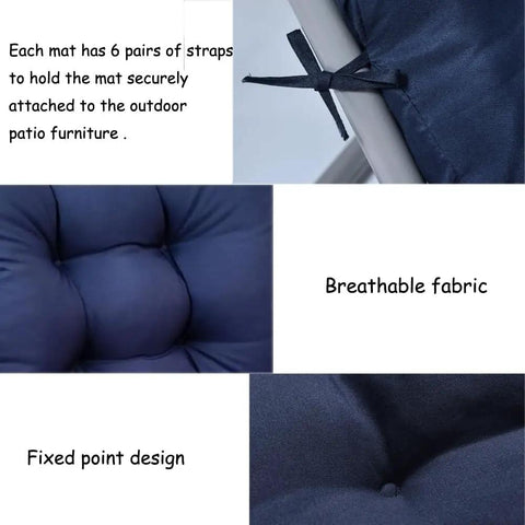 Close-up of navy blue Comfy Patio Chaise Lounger Cushion With Thick Padding And Six Tie Straps For Lounge Chairs, showing fabric and straps.