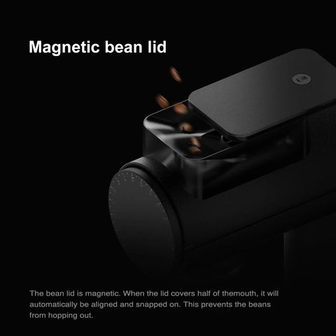 Timemore Sculptor 078S Electric Coffee Bean Grinder With Flat Burrs black magnetic bean lid preventing spills from coffee beans.