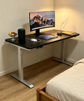 Electric Adjustable Standing Desk With Dual Motor Synchronized Lift For Home Office Computer Setup Oversized Work Surface with monitor and tablet