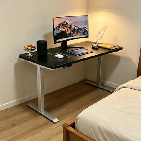 Electric Adjustable Standing Desk With Dual Motor Synchronized Lift For Home Office Computer Setup Oversized Work Surface with monitor and tablet