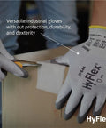 Person using HyFlex 11-644 Cut-Resistant Work Gloves With Ergonomic Fit And Low Palm Weight For All Day Grippy Feel, cutting cardboard.