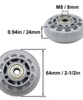 64mm Inline Skate Wheels with ABEC 7 Bearings, 82A Durometer, clear polyurethane, dimensions shown, top and side view