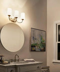 Aubrey 21 Inch 3 Light Vanity Light With Satin Etched Cased Opal Glass In Olde Bronze Finish above round mirror in bathroom