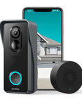 Wireless WiFi Video Doorbell Camera With Chime, 1080P HD, 140 Degree View, shown next to mobile app interface.