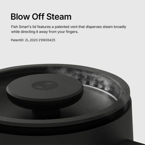 Close-up of Fish Smart Electric Coffee Kettle 600ML Black lid with steam vent feature and patent information.