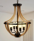 Five Light Geometric Rustic Farmhouse Pendant Light For Dining Room, Entryway And Kitchen Island, Retro Wood Grain Finish