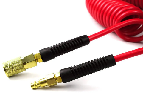 Heavy Duty Polyurethane Recoil Air Hose Self Coiling Compressor Line 1/4 In By 25 Ft connectors showing quick connect fittings