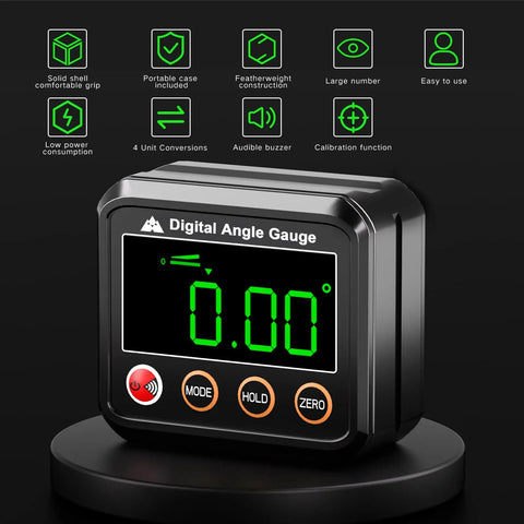 Magnetic Digital Angle Finder Protractor Inclinometer with backlit display showing 0.00 degrees for woodworking and construction.