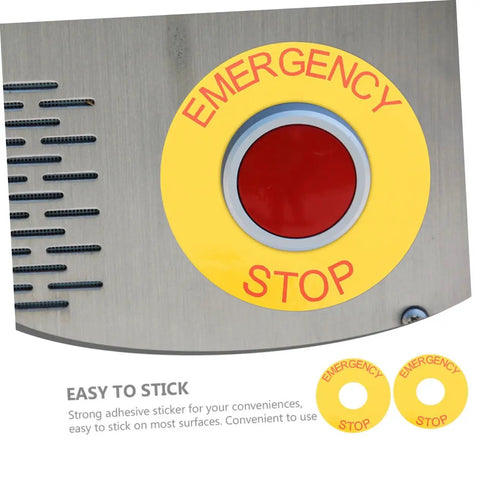 Alt Tag: Emergency Stop Sign Decal Set For Machinery Safety Labels Bright Yellow With Red Text on Metallic Surface