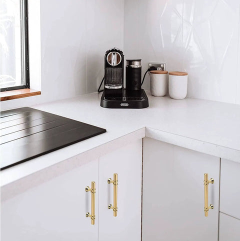 Kitchen with installed 10 Pack Gold Cabinet Pulls Six And A Quarter Inch Brushed Gold Drawer Handles for cabinets