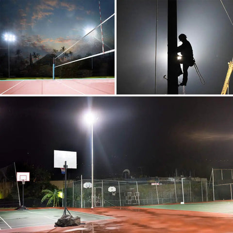 150W LED Flood Light Outdoor 15000 Lumens on volleyball court and basketball court during night with silhouette of worker
