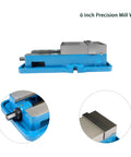 No Nonsense Six Inch Mill Vise Without Base Featuring Rock Solid Cast Iron Construction And Grip Tight Steel Jaws Ready To Roll For Precision Cnc Jobs And Shop Tasks side view showing steel jaws and blue cast iron body
