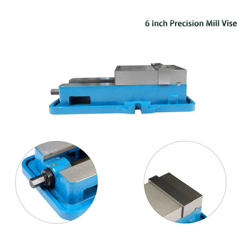 No Nonsense Six Inch Mill Vise Without Base Featuring Rock Solid Cast Iron Construction And Grip Tight Steel Jaws Ready To Roll For Precision Cnc Jobs And Shop Tasks side view showing steel jaws and blue cast iron body