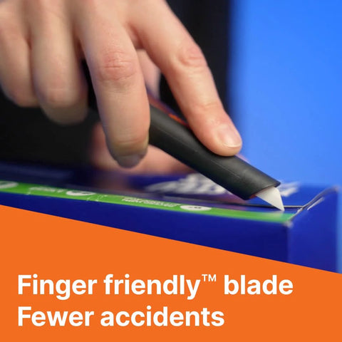 Slice 10513 pen cutter with black handle and white blade cutting a blue cardboard box