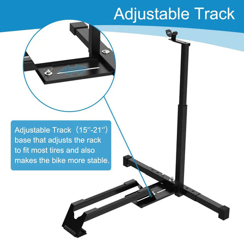 Vertical Bike Stand Floor Bicycle Rack with adjustable track for space saving home storage, fits most bikes up to 2.4 inches tire width.