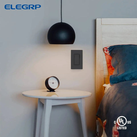 Matte Black Single Pole Decorator Light Switch Sleek On Off Paddle Rocker Replacement 15 Amp 120 277V installed in bedroom wall