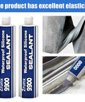 Heavy Duty 9900 White Silicone Structural Sealant Waterproof Adhesive For Roofing Bathroom Construction DIY Repairs Knockout Bonding Compound Game Changer Caulking Tube displayed beside applied sealant on surfaces.