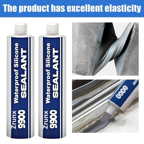Heavy Duty 9900 White Silicone Structural Sealant Waterproof Adhesive For Roofing Bathroom Construction DIY Repairs Knockout Bonding Compound Game Changer Caulking Tube displayed beside applied sealant on surfaces.