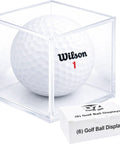 Clear Golf Ball Cube Display Case Six Pack For 360 Degree View, Dust Proof Acrylic Ball Holders To Showcase And Preserve Your Golf Collection At Home Or Office In Any Room Now, featuring a Wilson golf ball in a clear acrylic case with six-pack box.