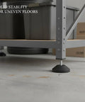 Heavy Duty Adjustable Leveling Feet With Rubber Base To Kill Wobble On Uneven Floors precise height adjustment under a metal shelf.