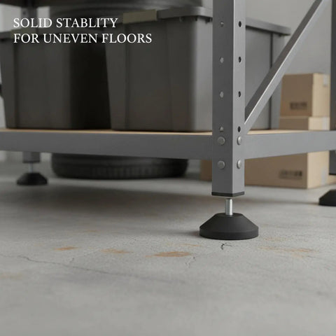 Heavy Duty Adjustable Leveling Feet With Rubber Base To Kill Wobble On Uneven Floors precise height adjustment under a metal shelf.
