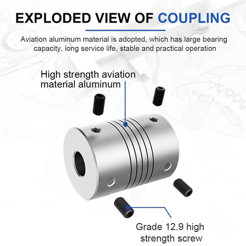 Exploded view of Top Notch Aluminum Flexible Shaft Coupler With Elastic Winding Design For Motor Connector Clamping Type.