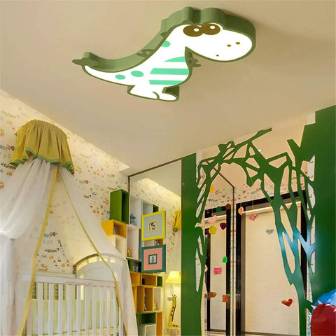 Crazy Dino Themed LED Flush Ceiling Light in kids nursery, green modern fixture, 19x18 inches, dino design