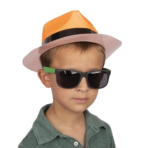 Child wearing orange fedora and green sunglasses from Neon Fedora Party Hats And Sunglasses Set For 80s Gangster Theme, Glow Party Accessories