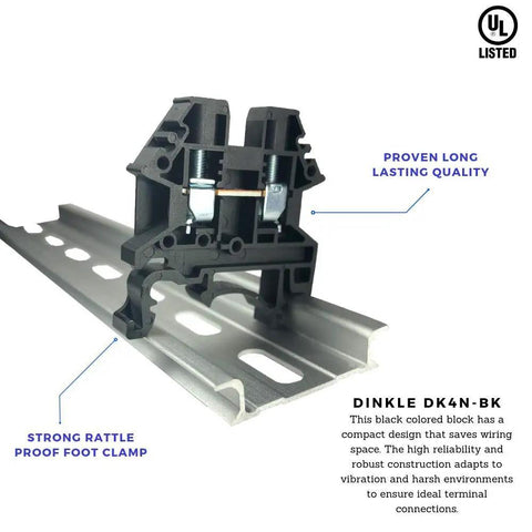 Compact DIN Rail Terminal Block Screw Type UL 600V 30A 10-22AWG, Pack of 100, Vibration-Resistant, shown on rail