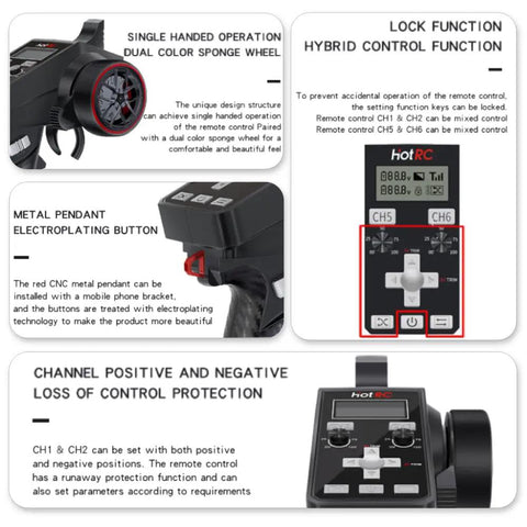 Close-up of Six Channel 2.4G FHSS RC Transmitter And F-06A Receiver With Lanyard Color Screen Remote Control interface details
