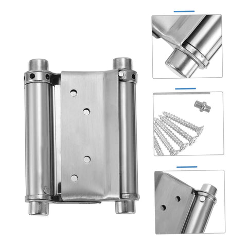 Heavy Duty Double Action Spring Hinge 2Pack Stainless Steel Cafe Saloon Door Hardware with screws, showing smooth dual swing design.
