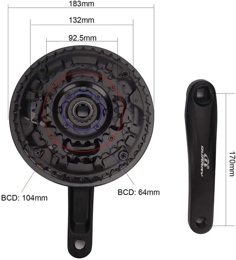 Diagram of Triple Chainring Crankset 24T 34T 42T 170mm Aluminum 6061 T6 Crank Arms with Iron Chainrings 104mm BCD sizes