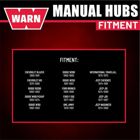 Fitment chart for Premium Manual Locking Hub Kit With 19 Spline Fit showing compatible vehicle models and years.